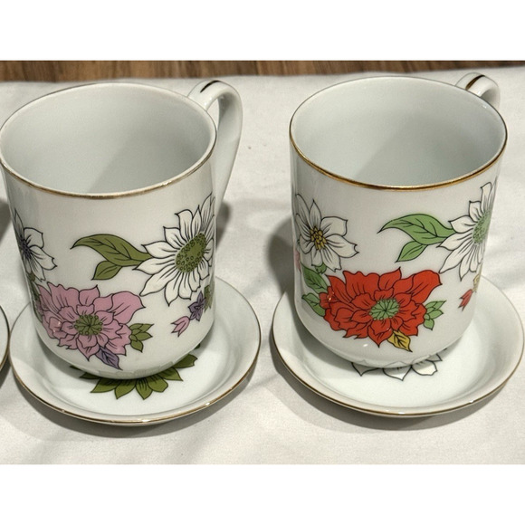 Vintage Creative Japan Porcelain Mugs & Saucers Set of 4 – Floral Mix, Gold Rim, - Picture 8 of 10
